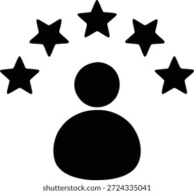 User profile icon with five star rating, client satisfaction review, expert professional person avatar for business feedback and reputation, black vector illustration isolated on white background