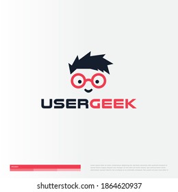 Icono de perfil de usuario, icono aislado en fondo blanco. Retrato concepto de logotipo vectorial con estilo de dibujos animados planos. Geek boy cara logoype para negocios y desarrollo de la empresa