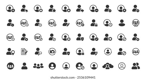 User profile icon set. Containing password, login, username, avatar, connect, add friend, people, change photos, settings. User account ui web button. Icons for web, mobile, user interface design.