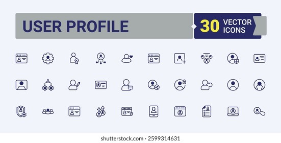User Profile icon set. Included privacy setting, personal, user, account, username and more. User Account icon set. Isolated icons. Editable vector outline and solid icons.