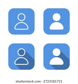 User profile icon set with long shadow. Account avatar symbol in blue square