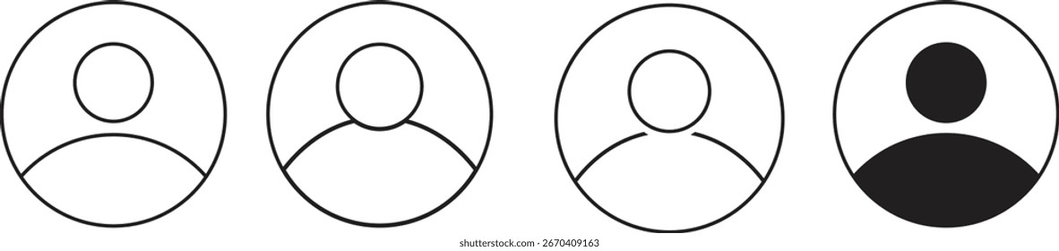 User profile icon set with simple avatar symbols in circle outline and filled style, minimal people pictogram collection for account, login, contact, and identity design.