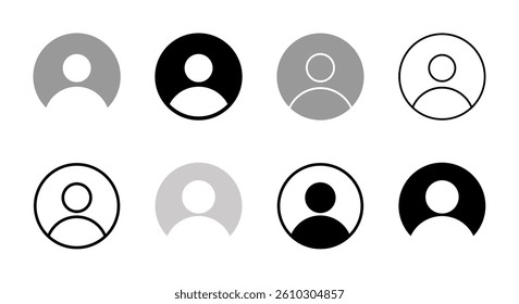 User profile icon set, social media profile picture symbol. User account dp signs in black, white, and grey colors with outline, round shape concept for web and app designs, vector illustration.