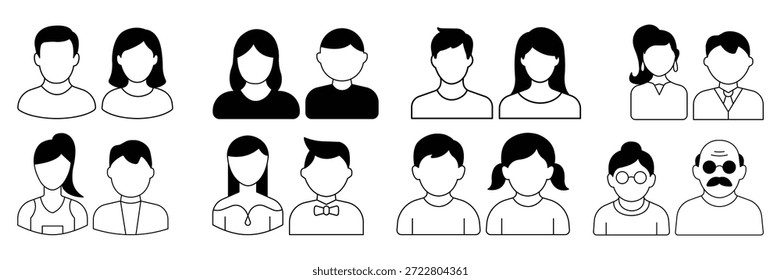 User profile icon set, varied people avatars, couples, families, young old, professionals, kids with hairstyles illustration.
