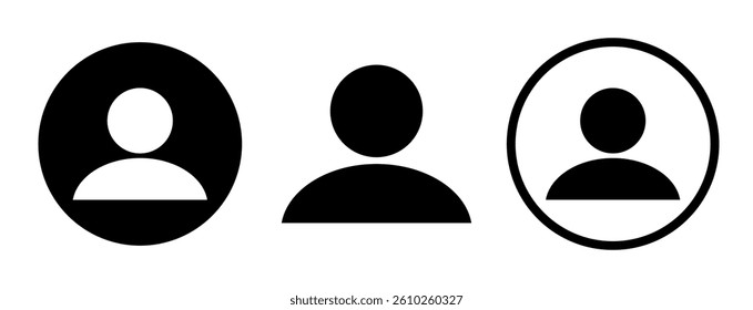 User profile icon set vector, user icon in black round shape, outline, and flat style. Social media profile picture symbol, user account DP sign for web and app, transparent PNG, vector illustration.