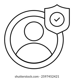 User profile icon with a shield representing security verification, identity protection, safe access, and user authentication