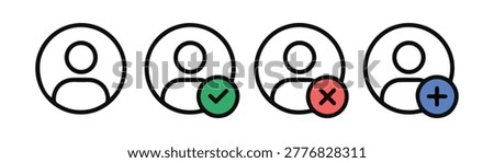 User profile icons set featuring rounded avatars with checkmark rejection cross and plus button symbols.