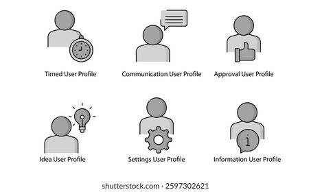 User Profile Icons Set. Time Management, Communication, Approval, Idea Generation, Settings Configuration, and Information Access Vector Icons with Editable Stroke.