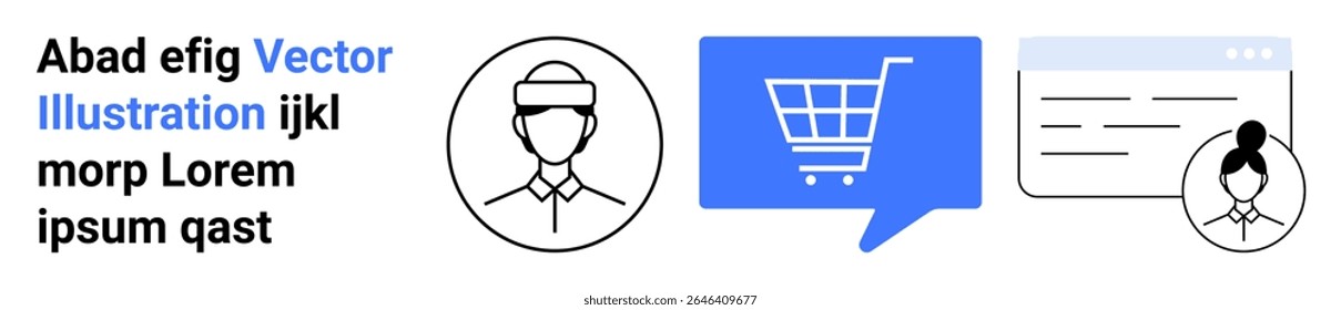 User profile icons, shopping cart symbol, and a browser window with user avatar. Ideal for online shopping, customer service, digital platforms, user interfaces, customer engagement, e-commerce, web