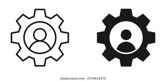 User profile inside gear icon set in outline and silhouette style representing system administration, user configuration, technical support, and account settings vector illustration