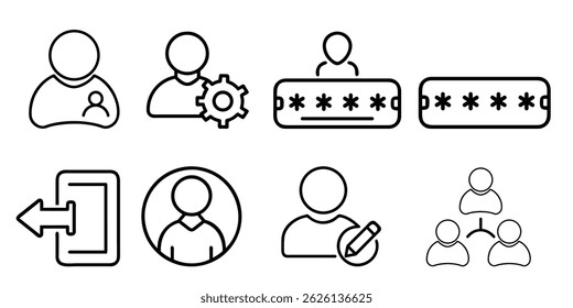 User profile, login, password, and account management icon set, designed in a modern and simple line style.