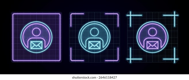 User profile mail illustration, cyber neon visual, glowing border grid vector.
