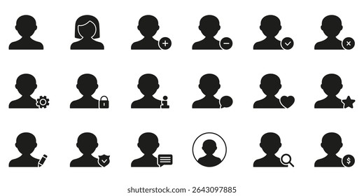 User Profile Management Icon Set. User Interaction, Account Settings, And Privacy Control Silhouette Symbol Collection. Includes Add, Remove, Edit, And Search Functions. Isolated Vector Illustration.