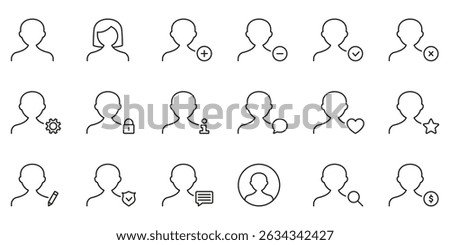 User Profile Management Icon Set. User Interaction, Account Settings, And Profile Customization Outline Symbol Collection. Editable Stroke. Isolated Vector Illustration.