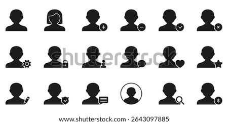 User Profile Management Icon Set. User Interaction, Account Settings, And Privacy Control Silhouette Symbol Collection. Includes Add, Remove, Edit, And Search Functions. Isolated Vector Illustration.