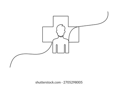 User profile and medical cross continuous one line drawing vector illustration