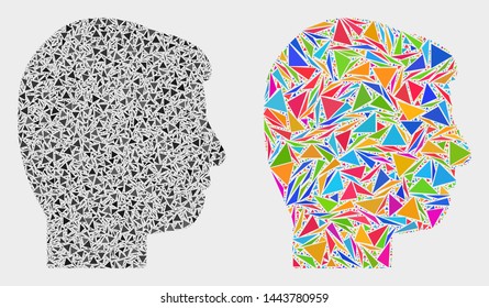 User profile mosaic icon of triangle elements which have variable sizes and shapes and colors. Geometric abstract vector illustration of user profile.