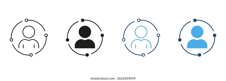 User Profile With Orbiting Connections Line And Solid Icon Set. Social Networking, Community Engagement, And Online Interaction Symbol Collection. Isolated Vector Illustration.