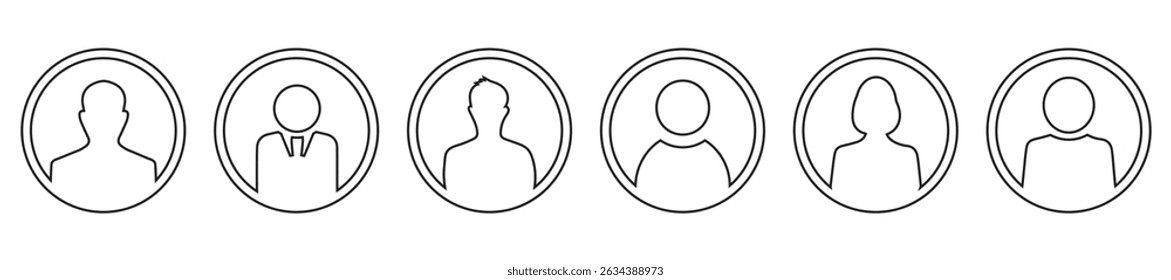  User profile Outline icon set. Set of outline icons related to avatars for user interface. Linear icon collection. Editable stroke. Vector illustration