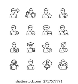 Perfil do Usuário e Conjunto de Ícones de Gerenciamento de Pessoas. Ilustração de arte vetorial para símbolos de negócios, sociais e de comunicação.