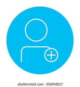 User profile with plus sign line icon for web, mobile and infographics. Vector white icon on the light blue circle isolated on white background.