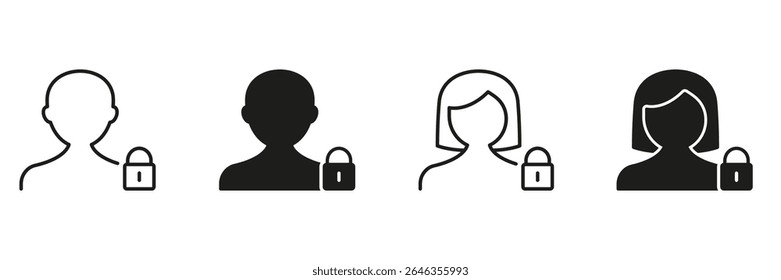User Profile Privacy Lock Icon Set. Personal Data Security And Confidentiality Outline And Silhouette Symbol Collection. User Protection And Privacy Assurance. Isolated Vector Illustration.
