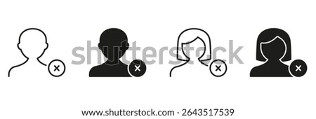User Profile Removal Icon Set. Account Deletion And User Management Outline And Silhouette Symbol Collection. Profile Deactivation And Access Revocation. Isolated Vector Illustration.