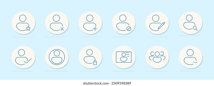 Ícone do conjunto de perfis de usuário. Adicionar, remover, iniciar, editar, pesquisar, verificado, bloquear, ID card, grupo, pessoa, avatar, conta, identidade, associação, online, social, comunidade, acesso, login, segurança.