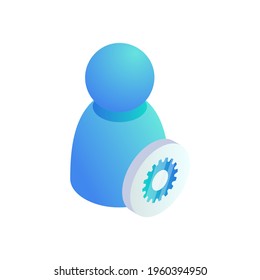 Icono isométrico de configuración del perfil de usuario. 3d símbolo de soporte de administración, signo de configuración de cuenta de usuario. Vector con rueda de dirección.