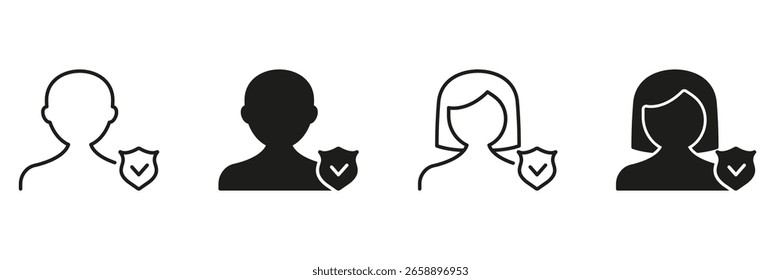 Perfil Do Usuário Com O Conjunto De Ícones De Blindagem. Estrutura De Tópicos De Verificação De Identidade E Garantia De Segurança E Coleção De Símbolos De Silhueta. Autenticação De Usuário E Proteção De Dados. Ilustração de vetor isolada.