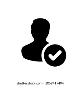 User profile sign web icon with check mark glyph. User authorized  design element. Flat style design icon. Account verified icon. Checked verified profile symbol. User accepted. Ok. Icon, user, member