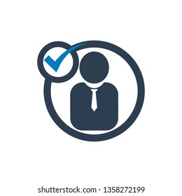 User profile sign web icon with check mark glyph. User authorized. Account verified icon. Checked verified profile symbol. User accepted.man with OK sign.