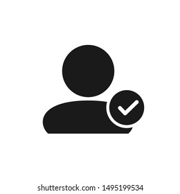 User profile sign web icon with check mark. User authorized vector illustration design element. Flat style design icon. Account verified icon. Checked verified profile symbol. User accepted. Ok