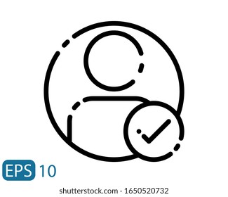 Icono web de signo de perfil de usuario con marca de verificación. Elemento de diseño de ilustración vectorial autorizado por el usuario. Icono de estilo de línea verificada de la cuenta. Símbolo de perfil comprobado. Usuario aceptado. EPS 10
