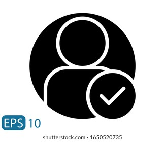 User profile sign web icon with check mark glyph. User authorized vector illustration design element. Account verified icon. Checked verified profile symbol. User accepted. EPS 10