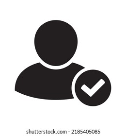 Icono web de signo de perfil de usuario con marca de verificación glyph. Elemento de diseño de ilustración autorizado por el usuario. Icono de diseño de estilo recto. Icono de cuenta verificada. Símbolo de perfil verificado firmado. Usuario aceptado.
