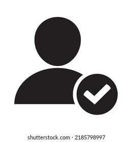 Icono web de signo de perfil de usuario con marca de verificación glyph. Elemento de diseño de ilustración autorizado por el usuario. Icono de diseño de estilo recto. Icono de cuenta verificada. Símbolo de perfil verificado firmado. Usuario aceptado.