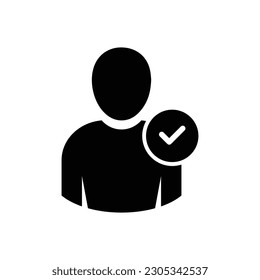 Icono web de signo de perfil de usuario con marca de verificación glyph. Elemento de diseño de ilustración vectorial autorizado por el usuario. Icono de diseño de estilo plano. Icono de cuenta verificada. Símbolo de perfil verificado marcado. Usuario aceptado. Aceptar