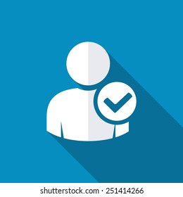 User profile sign web icon with check mark glyph. Vector illustration design element. Modern design flat style icon with long shadow effect
