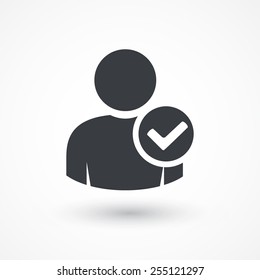 User profile sign web icon with check mark glyph. User authorized vector illustration design element. Flat style design icon. Account verified icon. Checked verified profile symbol. User accepted. Ok