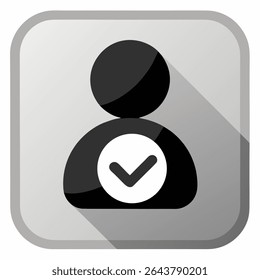 User profile sign web icon with check mark glyph. Series buttons, stone style. Rounded square shape with black shadow and gray reflection on white background. 