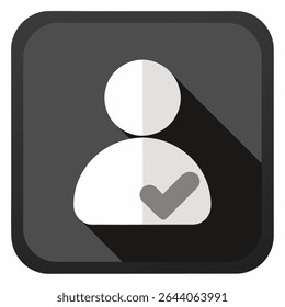 User profile sign web icon with check mark glyph. Series buttons, stone style. Rounded square shape with black shadow and gray reflection on white background. 