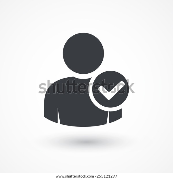 User profile sign web icon with check mark glyph. User\
authorized vector illustration design element. Flat style design\
icon. Account verified icon. Checked verified profile symbol. User\
accepted. Ok