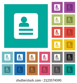User profile solid multi colored flat icons on plain square backgrounds. Included white and darker icon variations for hover or active effects.