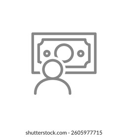 User profile standing in front of a money line icon. bill Business success symbol. Vector illustration.