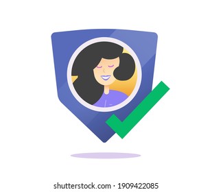 User profile success privacy protection or authentication shield vector icon flat concept, idea of secure personal data sign, account safety technology, digital defence care symbol modern design