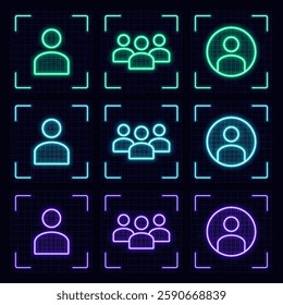 User profile symbol set, cyber neon visual, glowing border grid vector.	