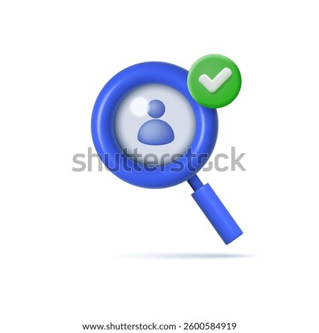 User profile symbol under magnifying glass with confirmation check mark. Vector illustration.