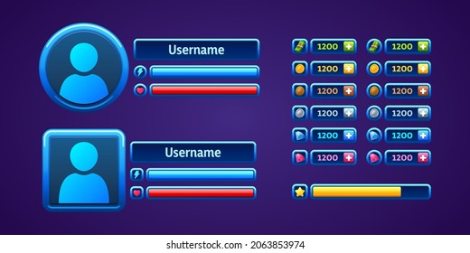 User Profile Ui Game Elements With Avatar, Bars And Icons In Round And Square Blue Frames. Vector Cartoon Set Of Game Design Interface For Display Health, Power And Assets