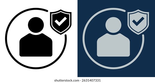 User profile verification icon with shield and check mark in black and blue. Identity authentication symbol for privacy, security access, or account protection UI,UX design concept.